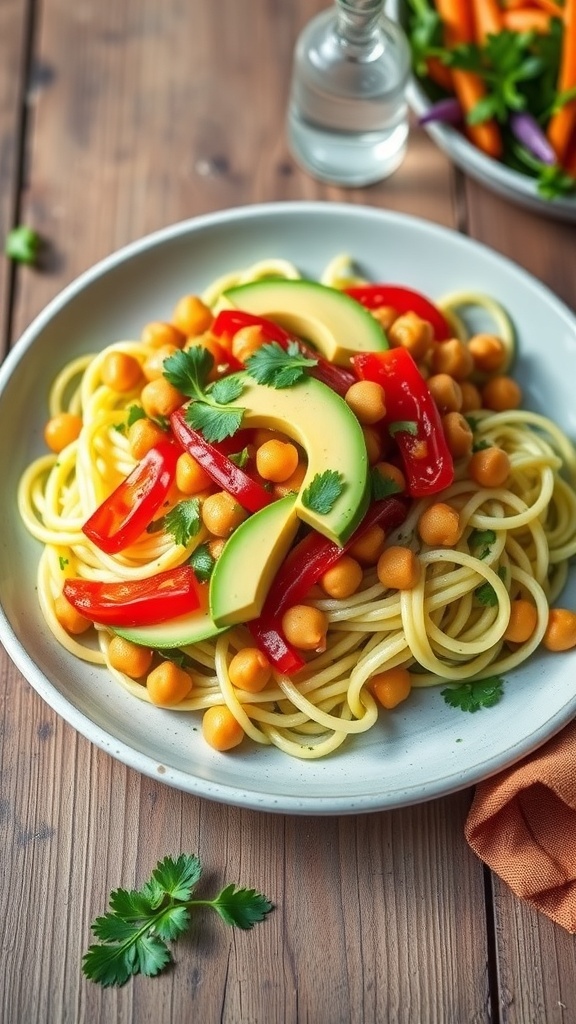 A colorful low carb vegan dish with zucchini noodles, chickpeas, and avocado on a wooden table.